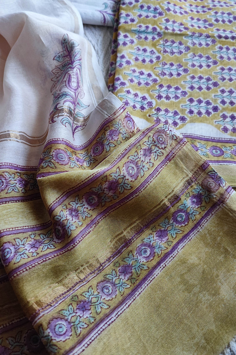 Ivory & Mustard Chanderi Silk Unstitched Suit with Chanderi Silk Dupatta & Cotton Bottom – Classic Floral Set