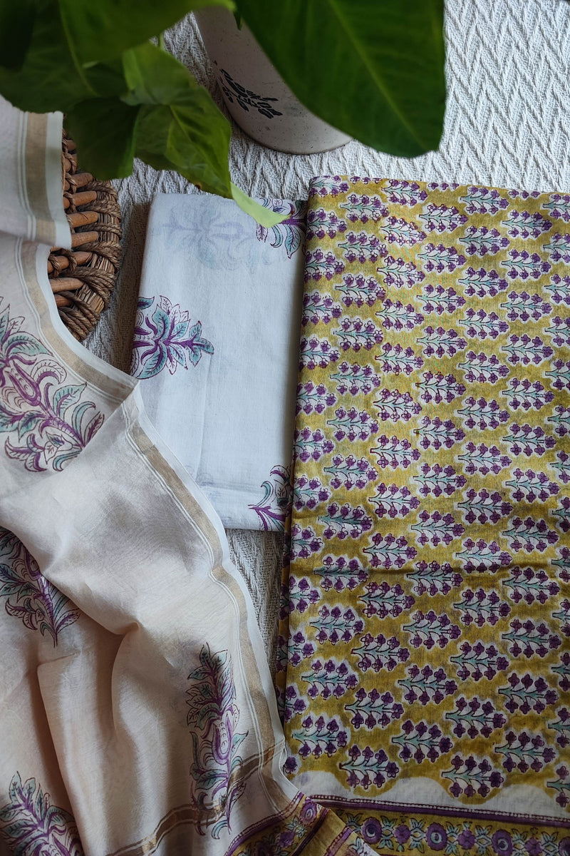 Ivory & Mustard Chanderi Silk Unstitched Suit with Chanderi Silk Dupatta & Cotton Bottom – Classic Floral Set
