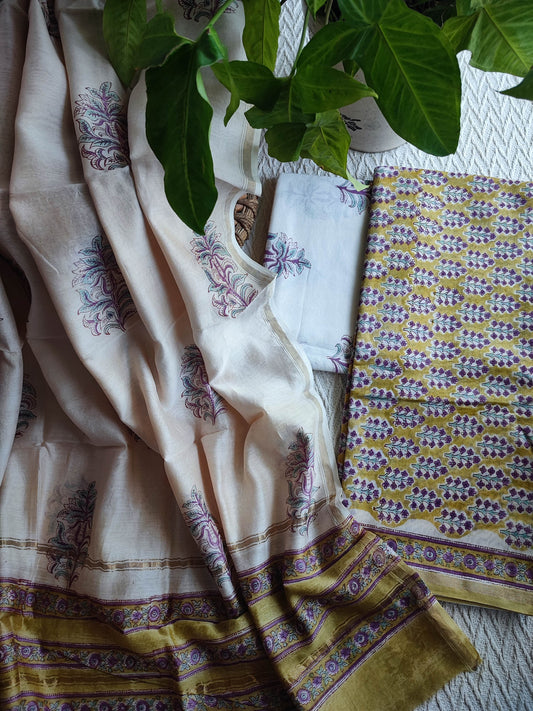 Ivory & Mustard Chanderi Silk Unstitched Suit with Chanderi Silk Dupatta & Cotton Bottom – Classic Floral Set