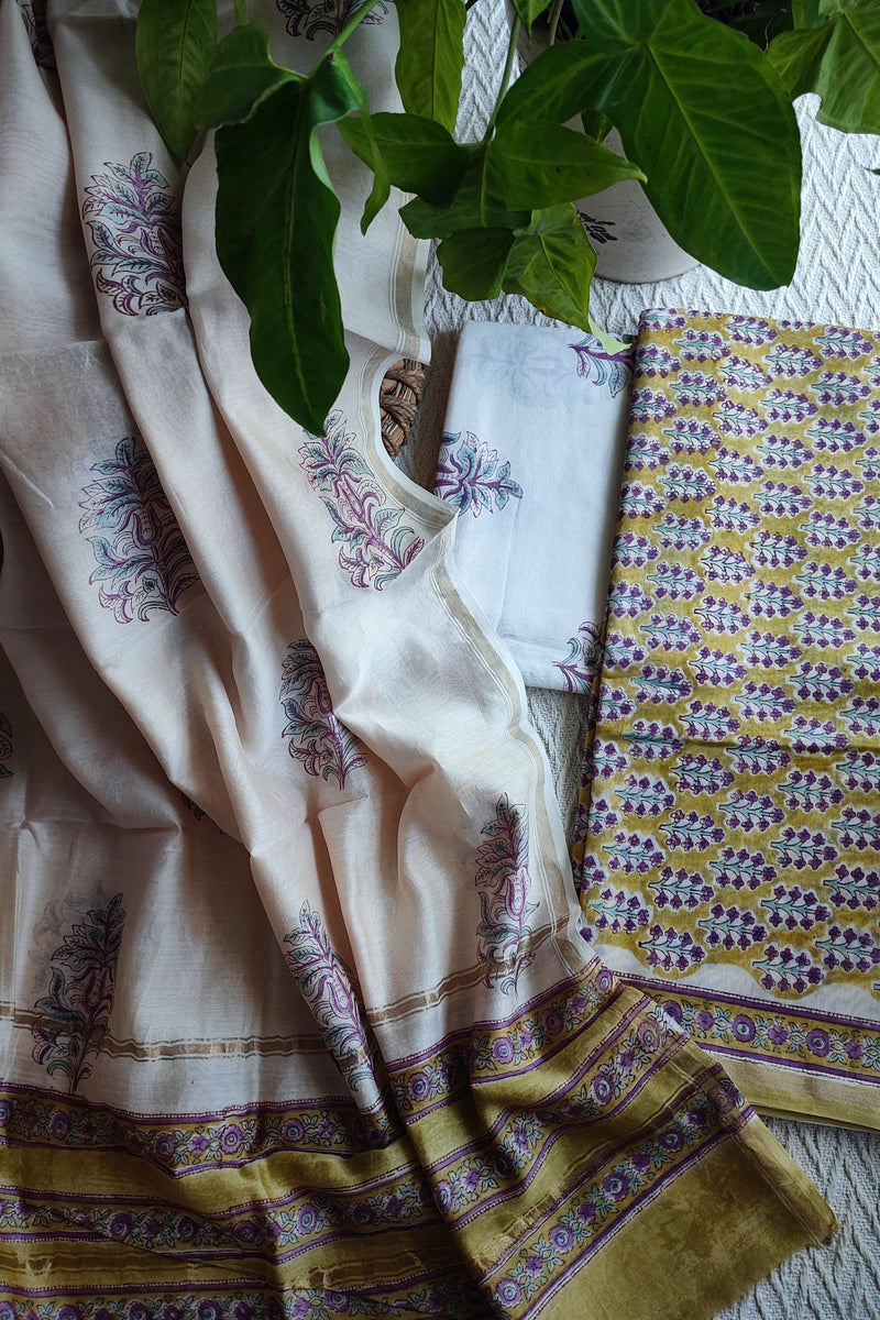 Ivory & Mustard Chanderi Silk Unstitched Suit with Chanderi Silk Dupatta & Cotton Bottom – Classic Floral Set