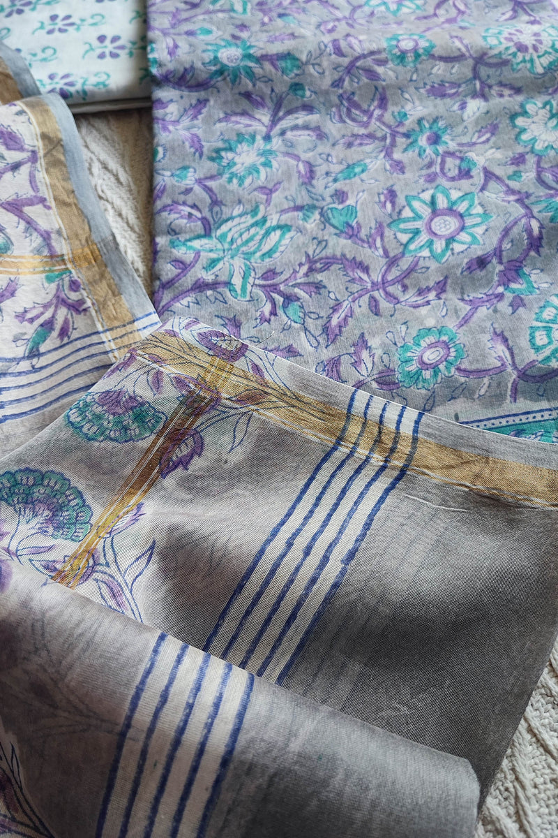 Grey & Lavender Chanderi Silk Unstitched Suit with Chanderi Silk Dupatta & Cotton Bottom – Floral Printed Set