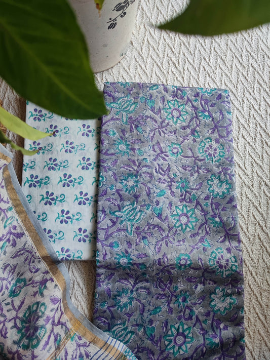 Grey & Lavender Chanderi Silk Unstitched Suit with Chanderi Silk Dupatta & Cotton Bottom – Floral Printed Set