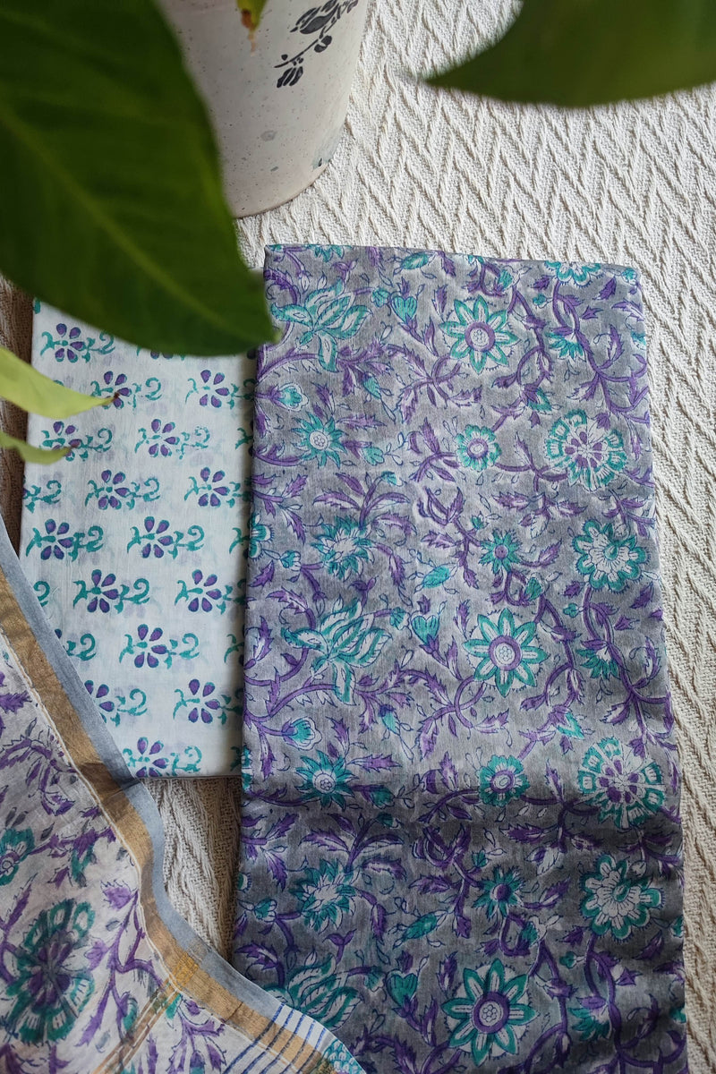 Grey & Lavender Chanderi Silk Unstitched Suit with Chanderi Silk Dupatta & Cotton Bottom – Floral Printed Set