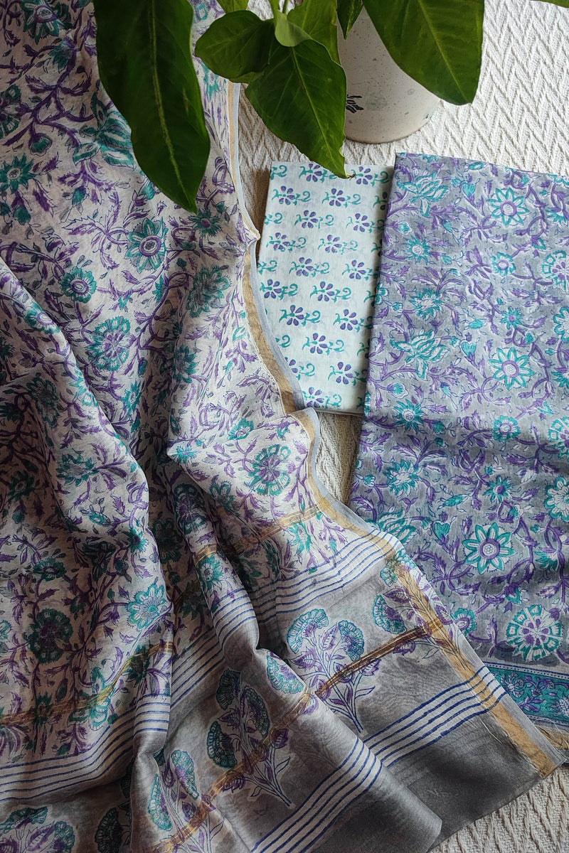 Grey & Lavender Chanderi Silk Unstitched Suit with Chanderi Silk Dupatta & Cotton Bottom – Floral Printed Set