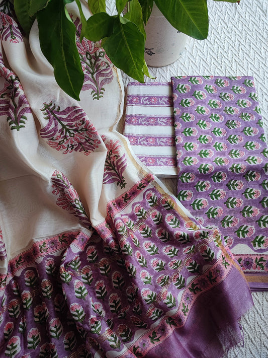 Ivory & Lavender Chanderi Silk Unstitched Suit with Chanderi Silk Dupatta & Cotton Bottom – Floral Contrast Set