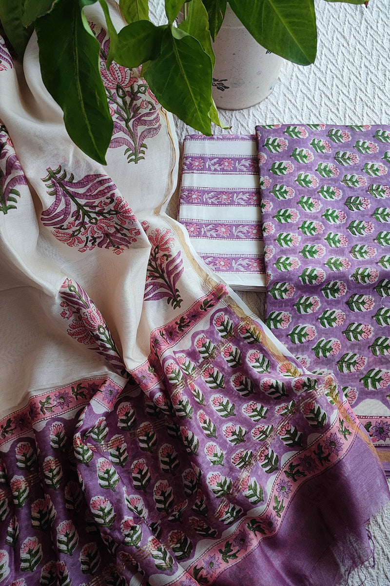 Ivory & Lavender Chanderi Silk Unstitched Suit with Chanderi Silk Dupatta & Cotton Bottom – Floral Contrast Set