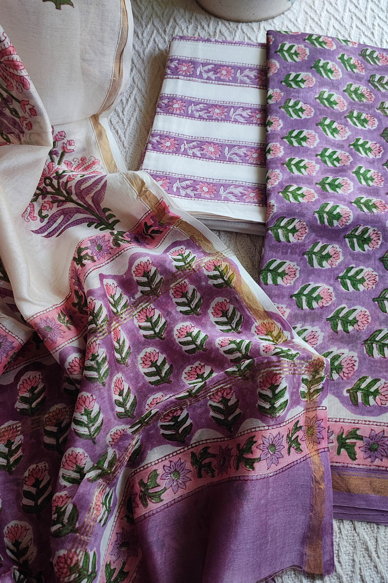 Ivory & Lavender Chanderi Silk Unstitched Suit with Chanderi Silk Dupatta & Cotton Bottom – Floral Contrast Set
