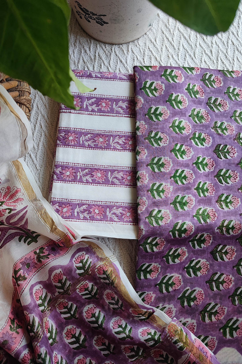 Ivory & Lavender Chanderi Silk Unstitched Suit with Chanderi Silk Dupatta & Cotton Bottom – Floral Contrast Set
