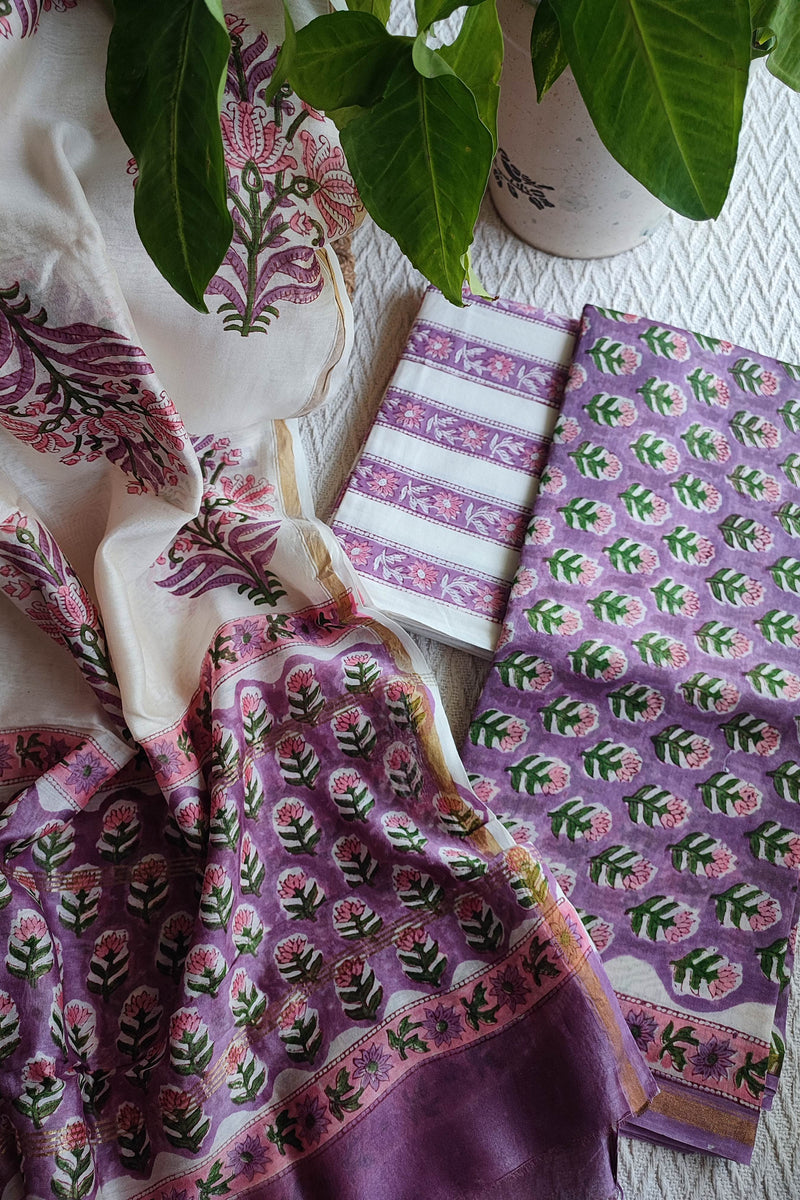 Ivory & Lavender Chanderi Silk Unstitched Suit with Chanderi Silk Dupatta & Cotton Bottom – Floral Contrast Set