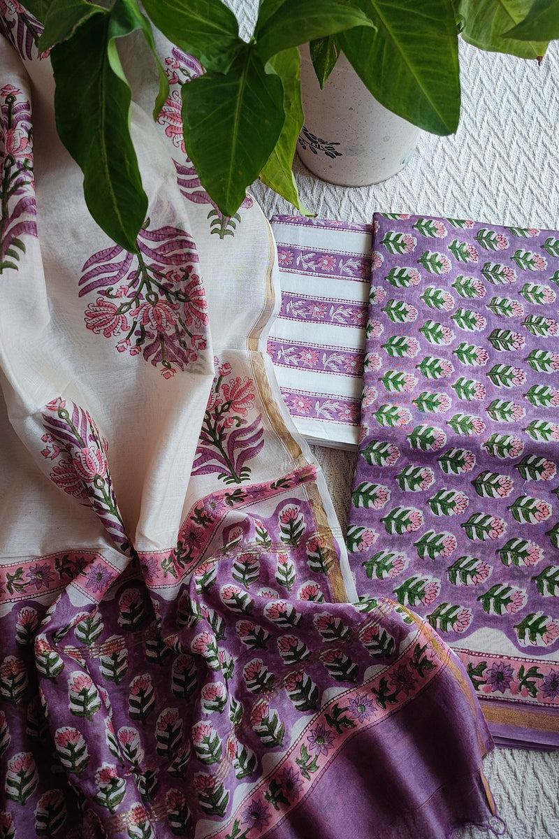 Ivory & Lavender Chanderi Silk Unstitched Suit with Chanderi Silk Dupatta & Cotton Bottom – Floral Contrast Set