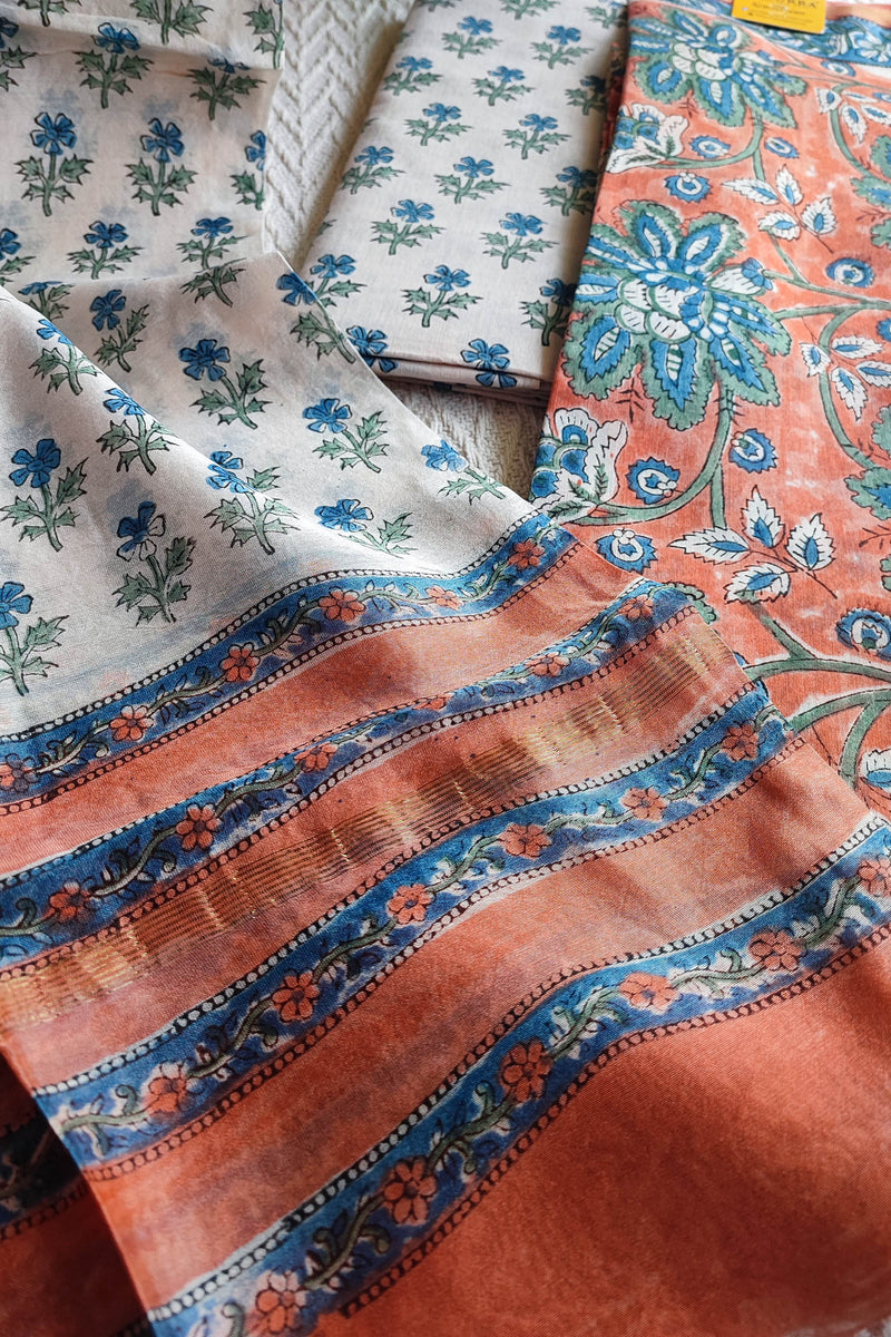 Coral & blue Chanderi Silk Unstitched Suit with Chanderi Silk Dupatta & Cotton Bottom – Floral Contrast Set