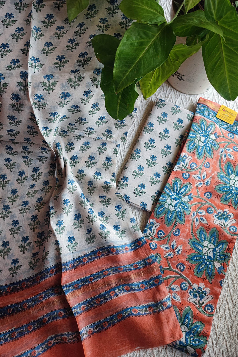 Coral & blue Chanderi Silk Unstitched Suit with Chanderi Silk Dupatta & Cotton Bottom – Floral Contrast Set