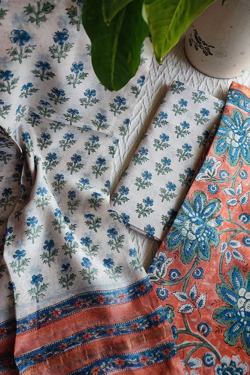 Coral & blue Chanderi Silk Unstitched Suit with Chanderi Silk Dupatta & Cotton Bottom – Floral Contrast Set
