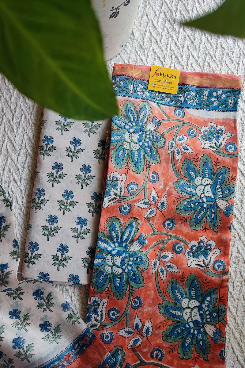 Coral & blue Chanderi Silk Unstitched Suit with Chanderi Silk Dupatta & Cotton Bottom – Floral Contrast Set