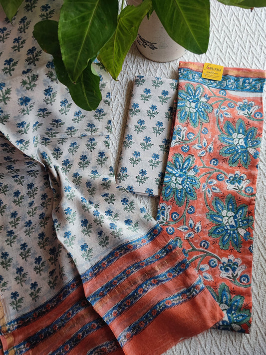 Coral & blue Chanderi Silk Unstitched Suit with Chanderi Silk Dupatta & Cotton Bottom – Floral Contrast Set