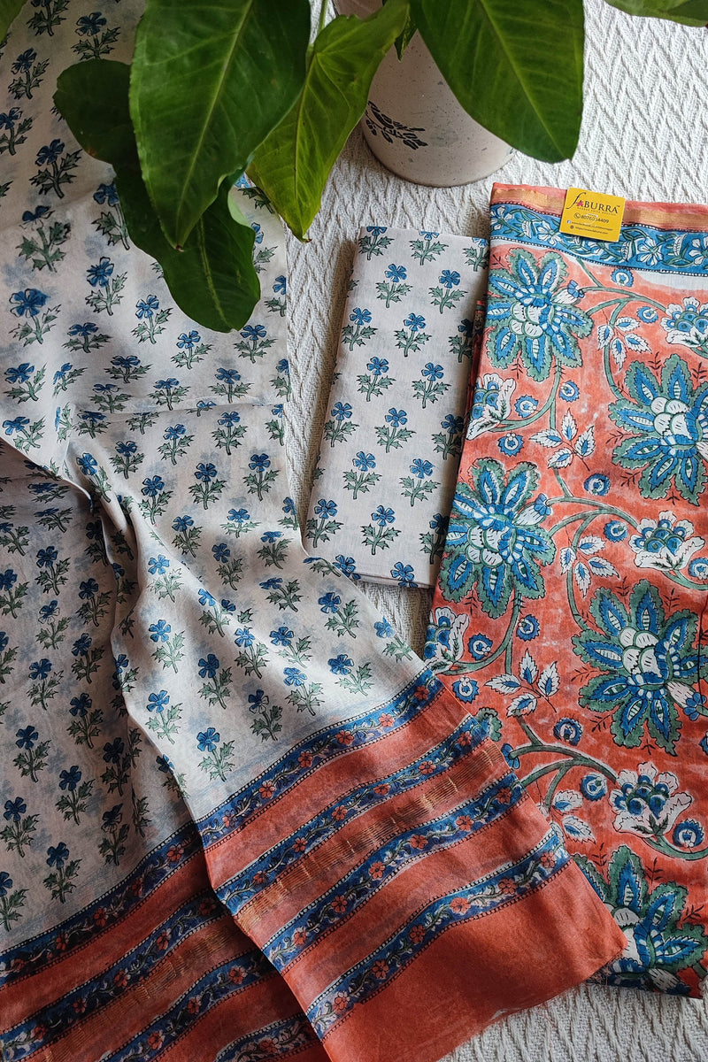Coral & blue Chanderi Silk Unstitched Suit with Chanderi Silk Dupatta & Cotton Bottom – Floral Contrast Set