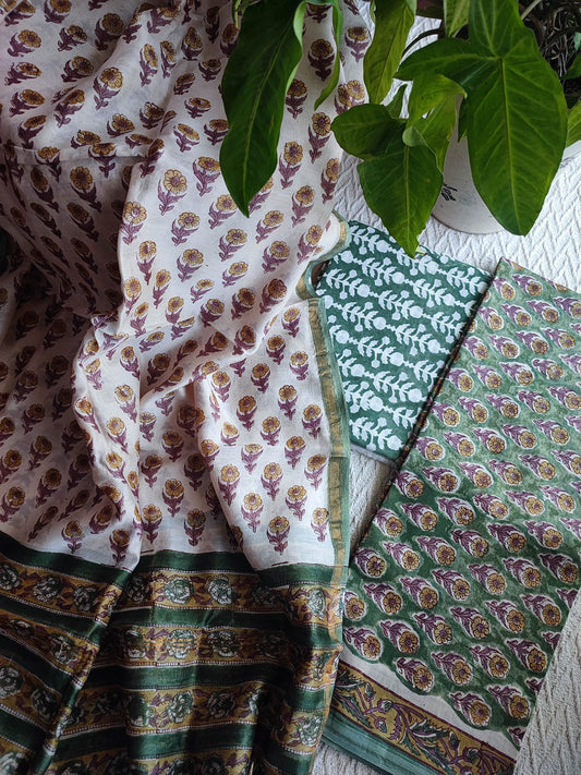 Ivory & Olive Green Chanderi Silk Unstitched Suit with Chanderi Silk Dupatta & Cotton Bottom – Traditional Floral Set