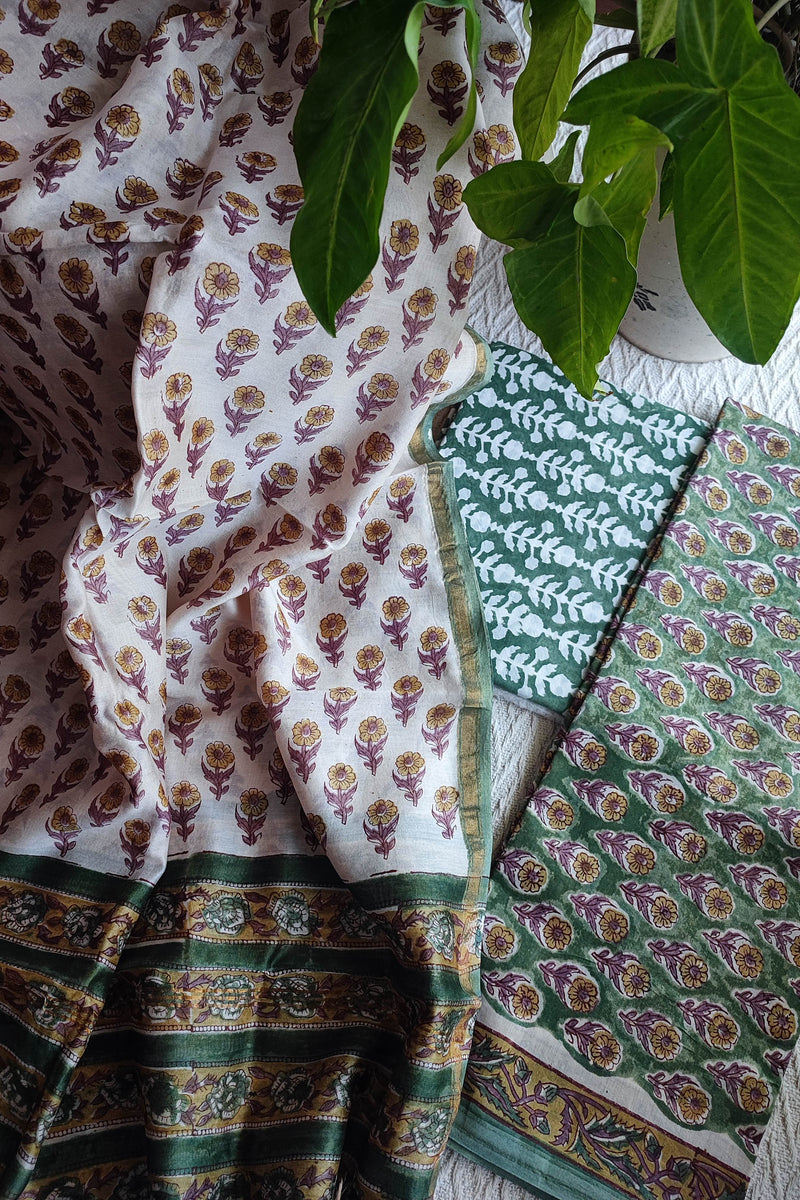 Ivory & Olive Green Chanderi Silk Unstitched Suit with Chanderi Silk Dupatta & Cotton Bottom – Traditional Floral Set
