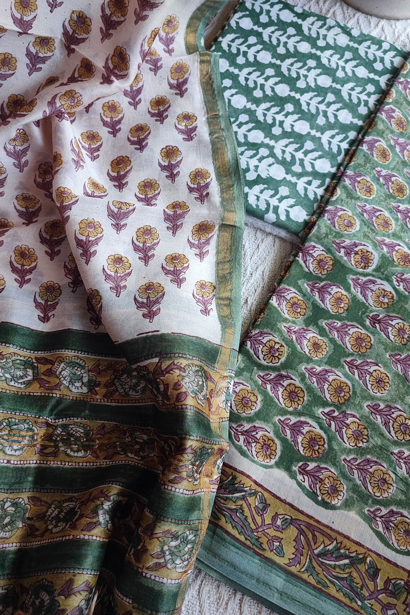 Ivory & Olive Green Chanderi Silk Unstitched Suit with Chanderi Silk Dupatta & Cotton Bottom – Traditional Floral Set