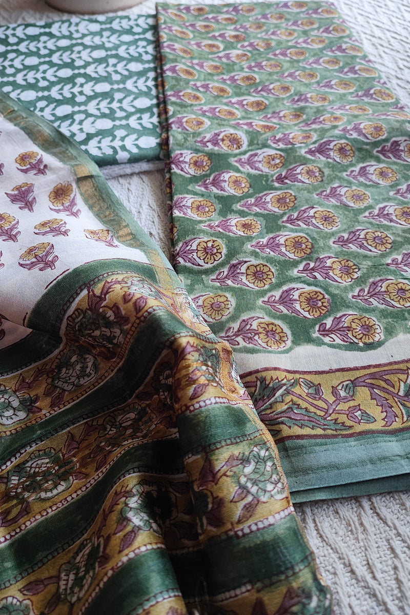 Ivory & Olive Green Chanderi Silk Unstitched Suit with Chanderi Silk Dupatta & Cotton Bottom – Traditional Floral Set