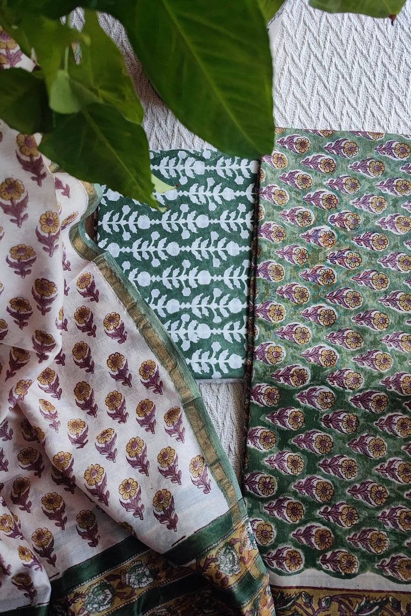 Ivory & Olive Green Chanderi Silk Unstitched Suit with Chanderi Silk Dupatta & Cotton Bottom – Traditional Floral Set