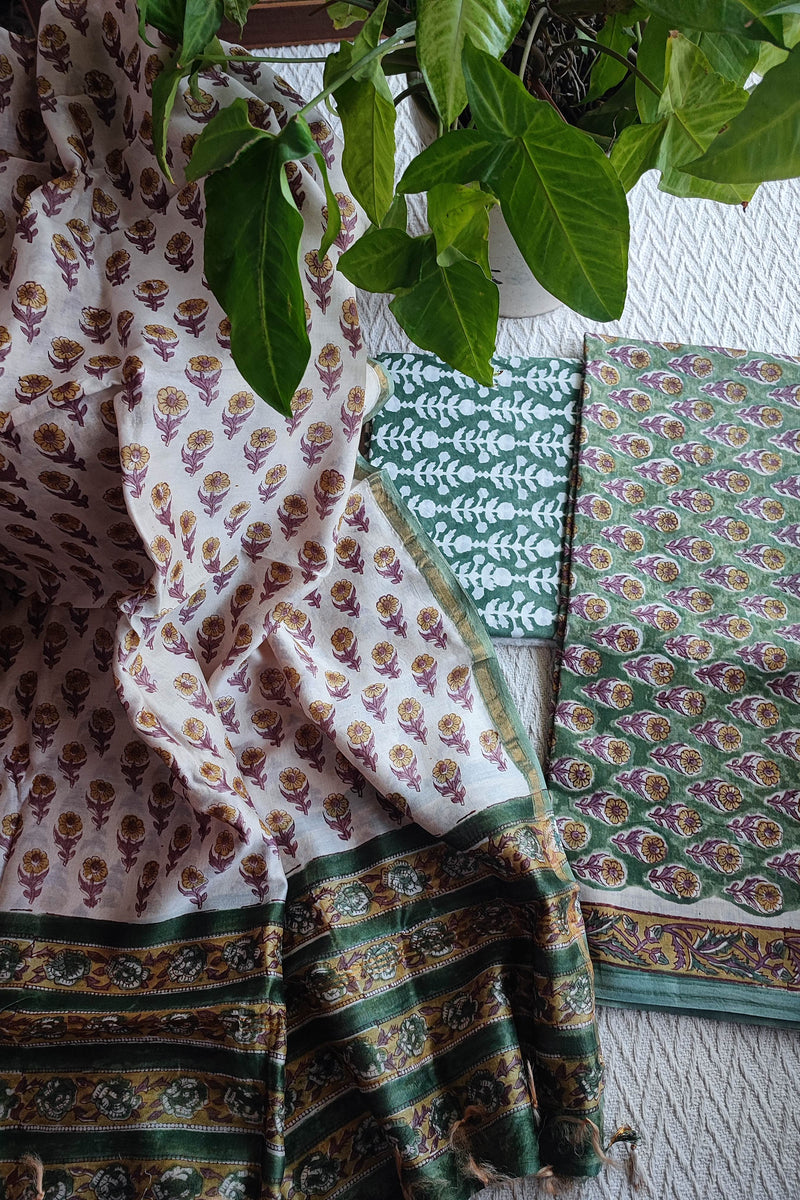Ivory & Olive Green Chanderi Silk Unstitched Suit with Chanderi Silk Dupatta & Cotton Bottom – Traditional Floral Set