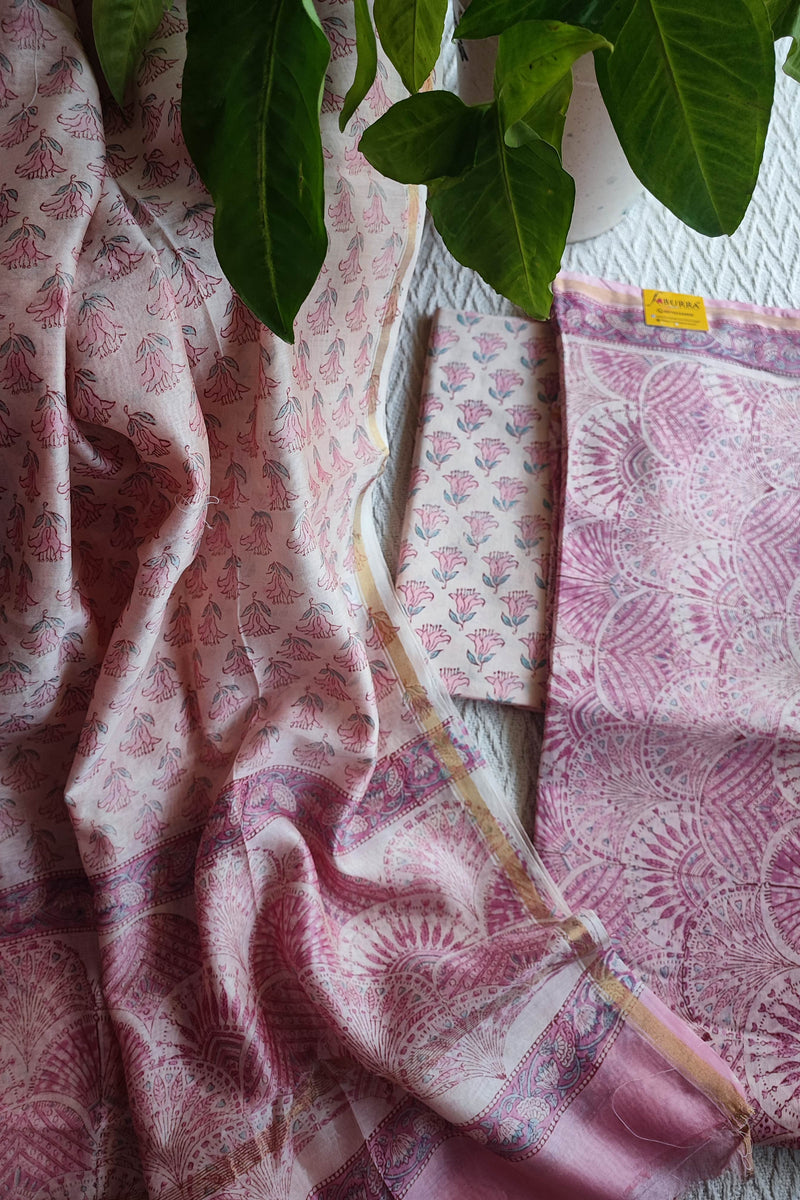Blush Pink Chanderi Silk Unstitched Suit with Chanderi Silk Dupatta & Cotton Bottom – Elegant Floral Set