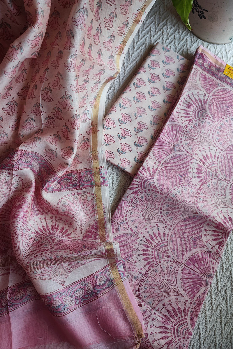 Blush Pink Chanderi Silk Unstitched Suit with Chanderi Silk Dupatta & Cotton Bottom – Elegant Floral Set