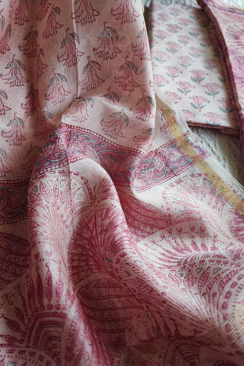 Blush Pink Chanderi Silk Unstitched Suit with Chanderi Silk Dupatta & Cotton Bottom – Elegant Floral Set