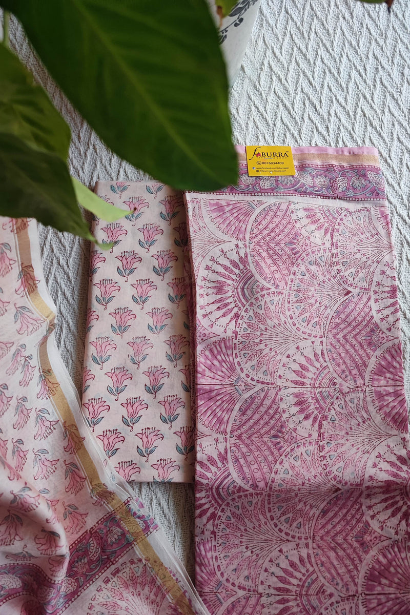 Blush Pink Chanderi Silk Unstitched Suit with Chanderi Silk Dupatta & Cotton Bottom – Elegant Floral Set