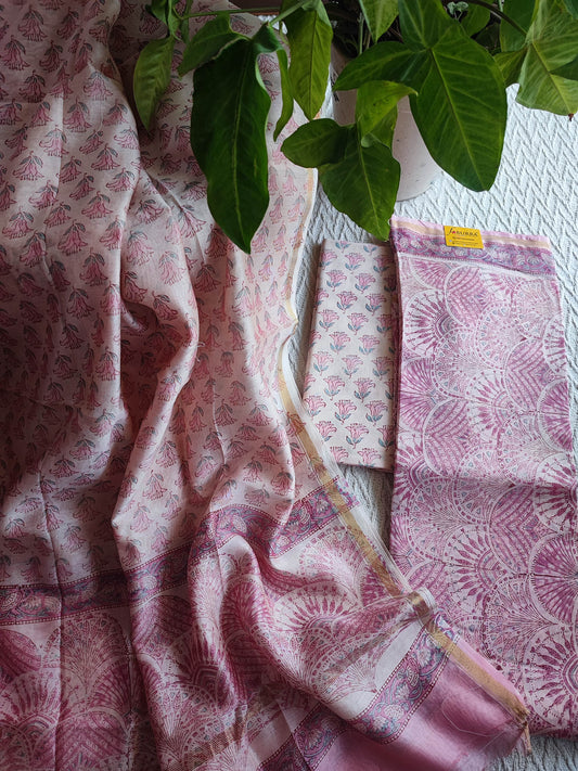 Blush Pink Chanderi Silk Unstitched Suit with Chanderi Silk Dupatta & Cotton Bottom – Elegant Floral Set