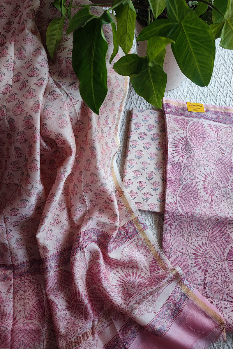 Blush Pink Chanderi Silk Unstitched Suit with Chanderi Silk Dupatta & Cotton Bottom – Elegant Floral Set