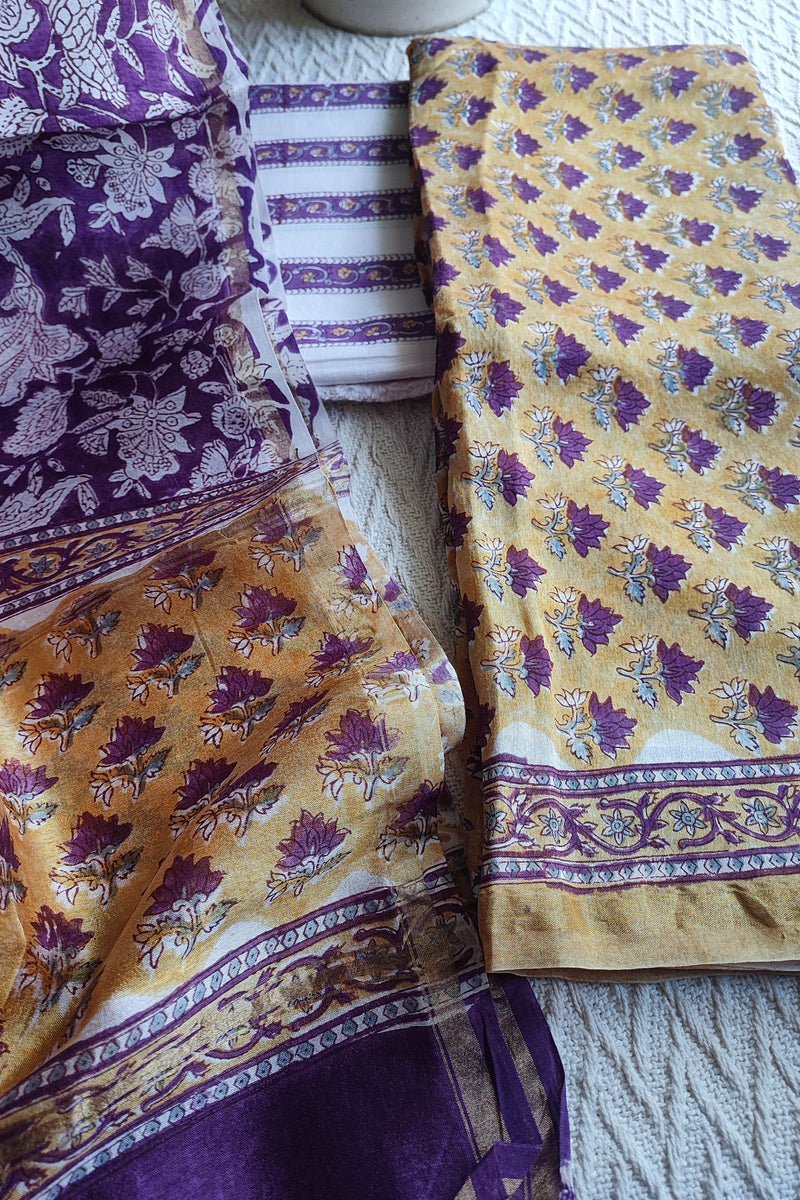 Purple & Mustard Chanderi Silk Unstitched Suit with Chanderi Silk Dupatta & Cotton Bottom – Rich Traditional Set