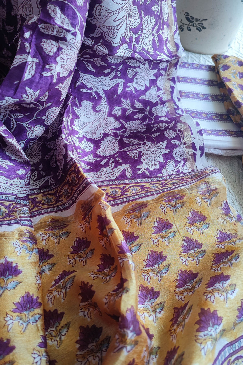 Purple & Mustard Chanderi Silk Unstitched Suit with Chanderi Silk Dupatta & Cotton Bottom – Rich Traditional Set