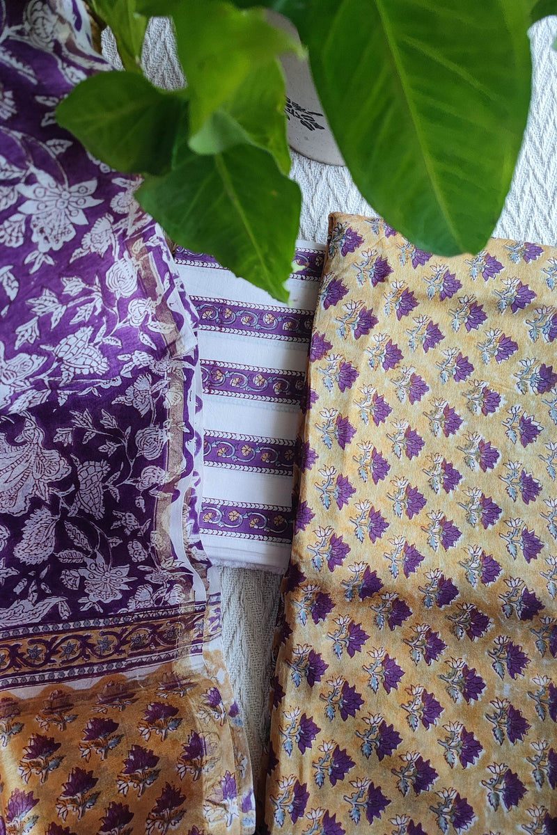 Purple & Mustard Chanderi Silk Unstitched Suit with Chanderi Silk Dupatta & Cotton Bottom – Rich Traditional Set