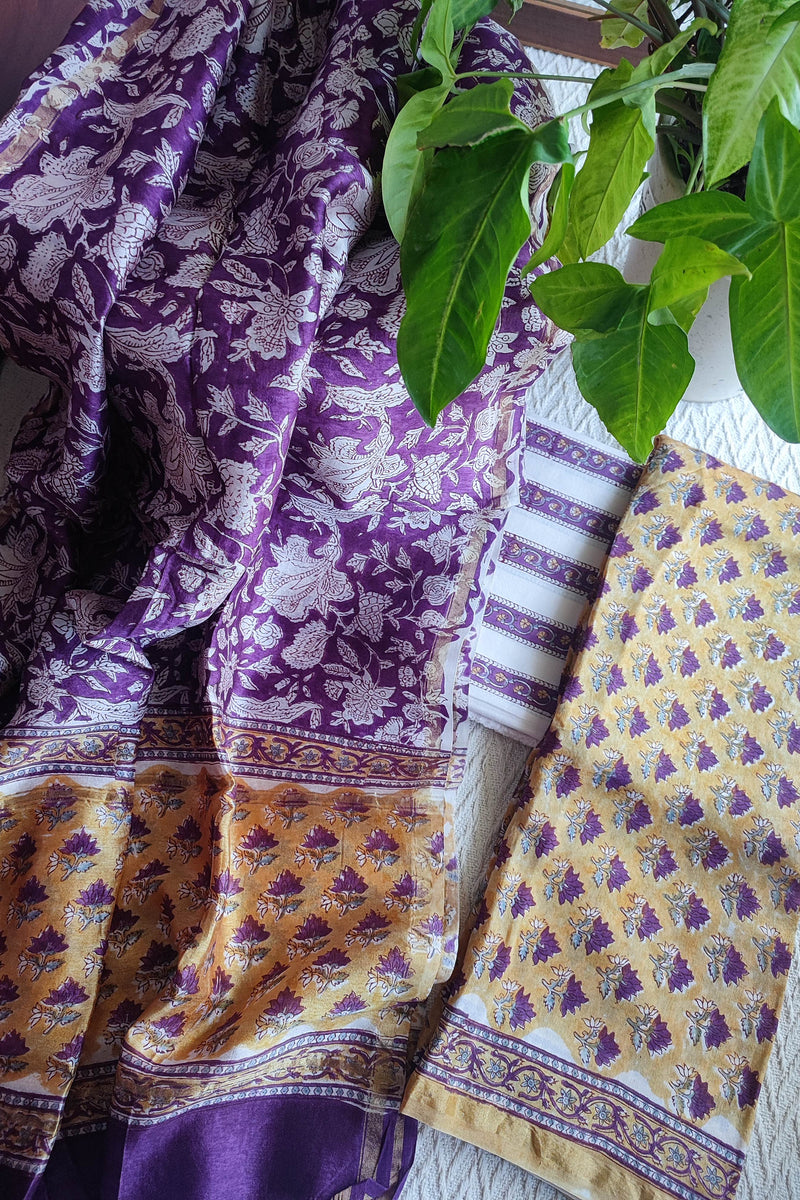 Purple & Mustard Chanderi Silk Unstitched Suit with Chanderi Silk Dupatta & Cotton Bottom – Rich Traditional Set