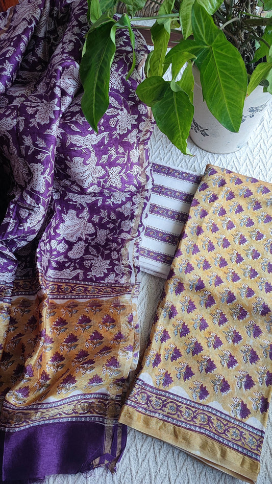 Purple & Mustard Chanderi Silk Unstitched Suit with Chanderi Silk Dupatta & Cotton Bottom – Rich Traditional Set