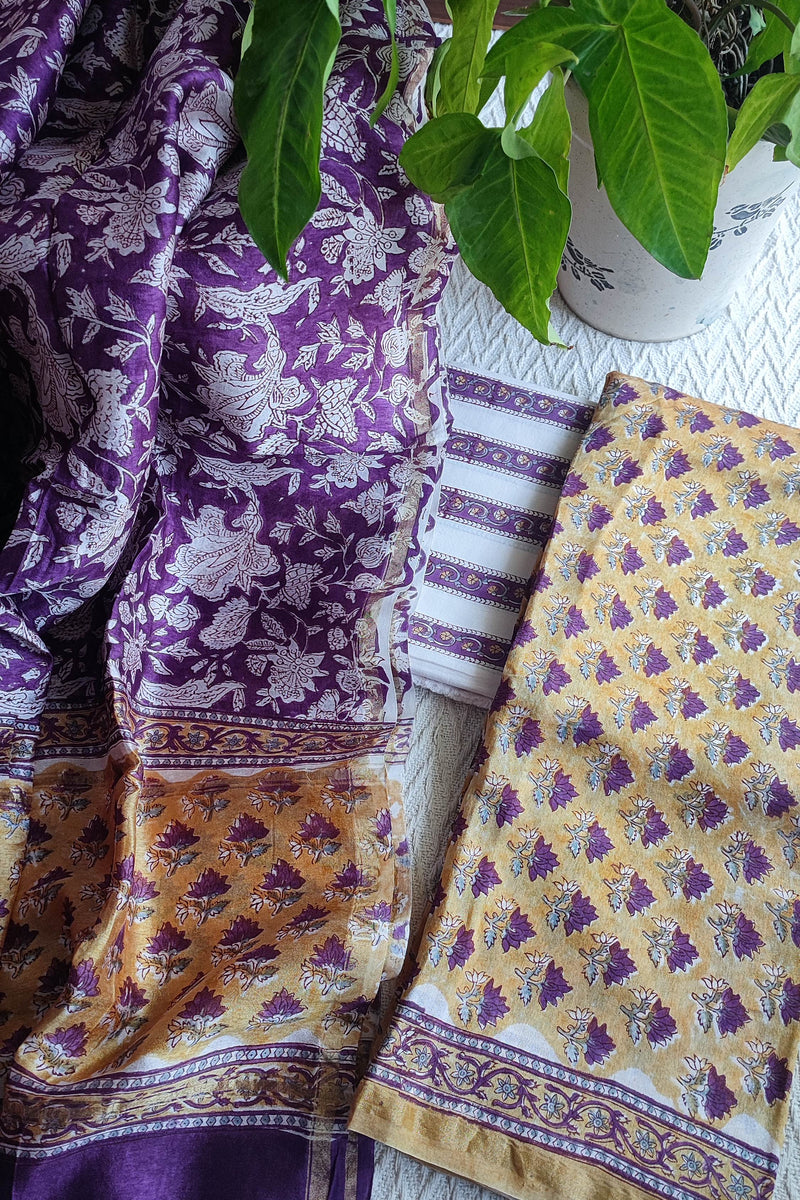 Purple & Mustard Chanderi Silk Unstitched Suit with Chanderi Silk Dupatta & Cotton Bottom – Rich Traditional Set