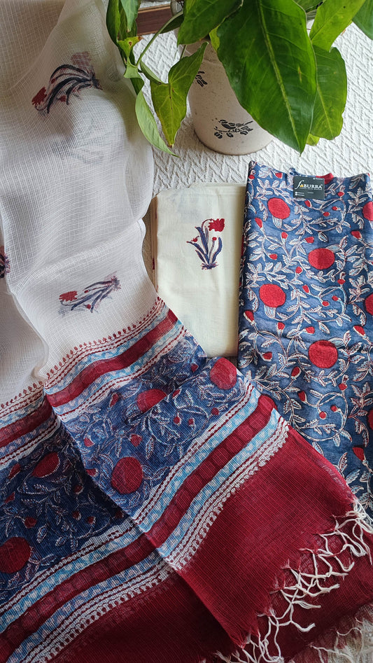 Blue & Red Floral Chanderi Silk Unstitched Suit with Chanderi Silk Dupatta & Cotton Bottom – Bold Printed Set