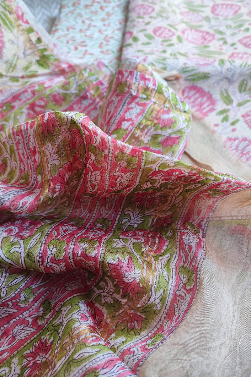 Pink & Green Floral Chanderi Silk Unstitched Suit with Chanderi Silk Dupatta & Cotton Bottom – Premium Printed Set