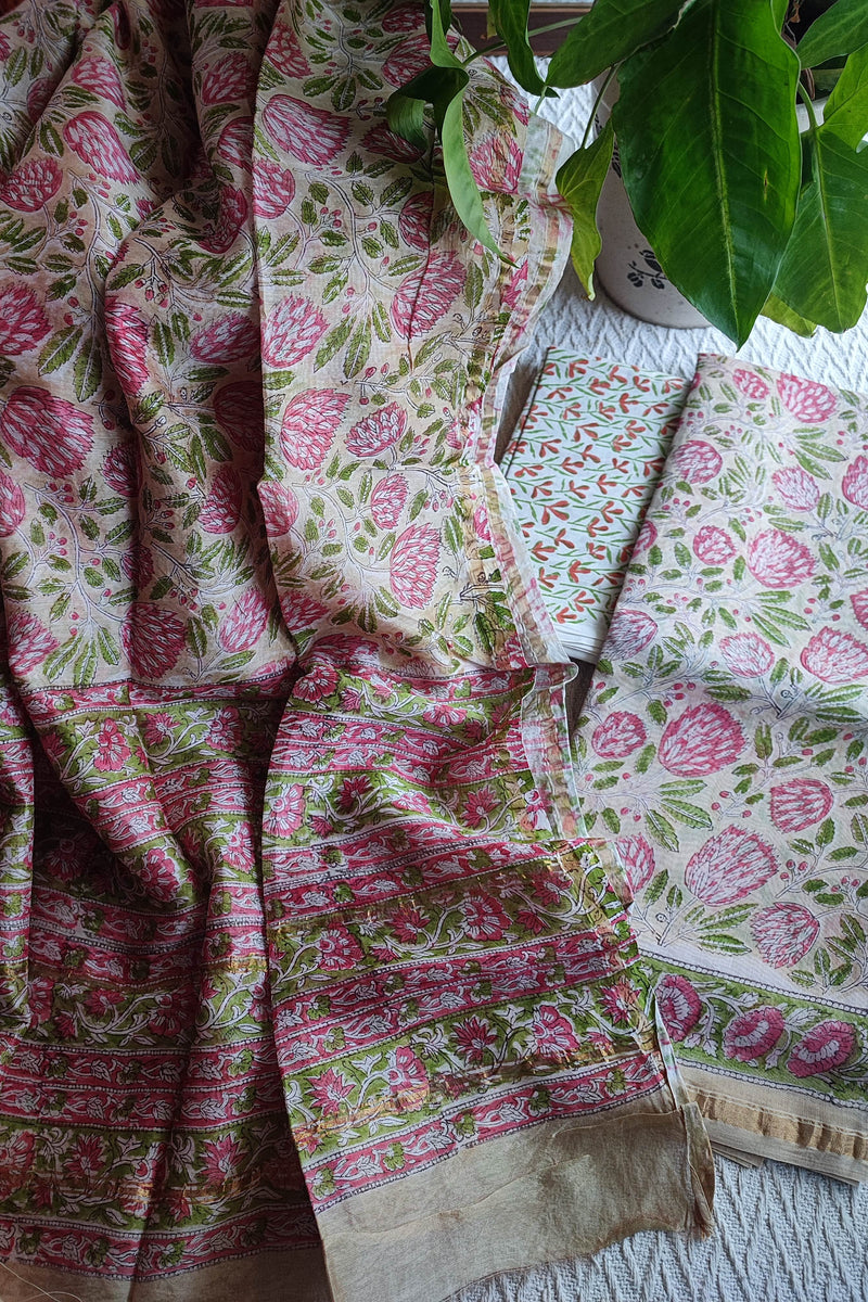 Pink & Green Floral Chanderi Silk Unstitched Suit with Chanderi Silk Dupatta & Cotton Bottom – Premium Printed Set