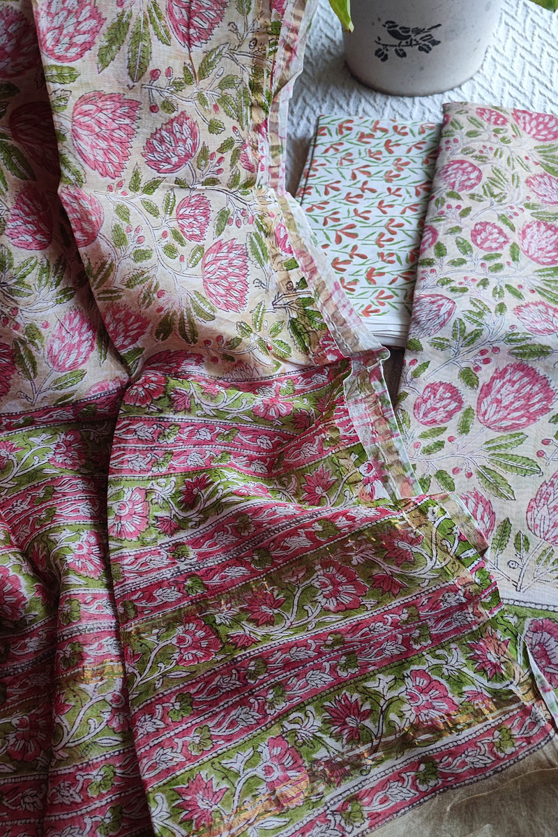 Pink & Green Floral Chanderi Silk Unstitched Suit with Chanderi Silk Dupatta & Cotton Bottom – Premium Printed Set