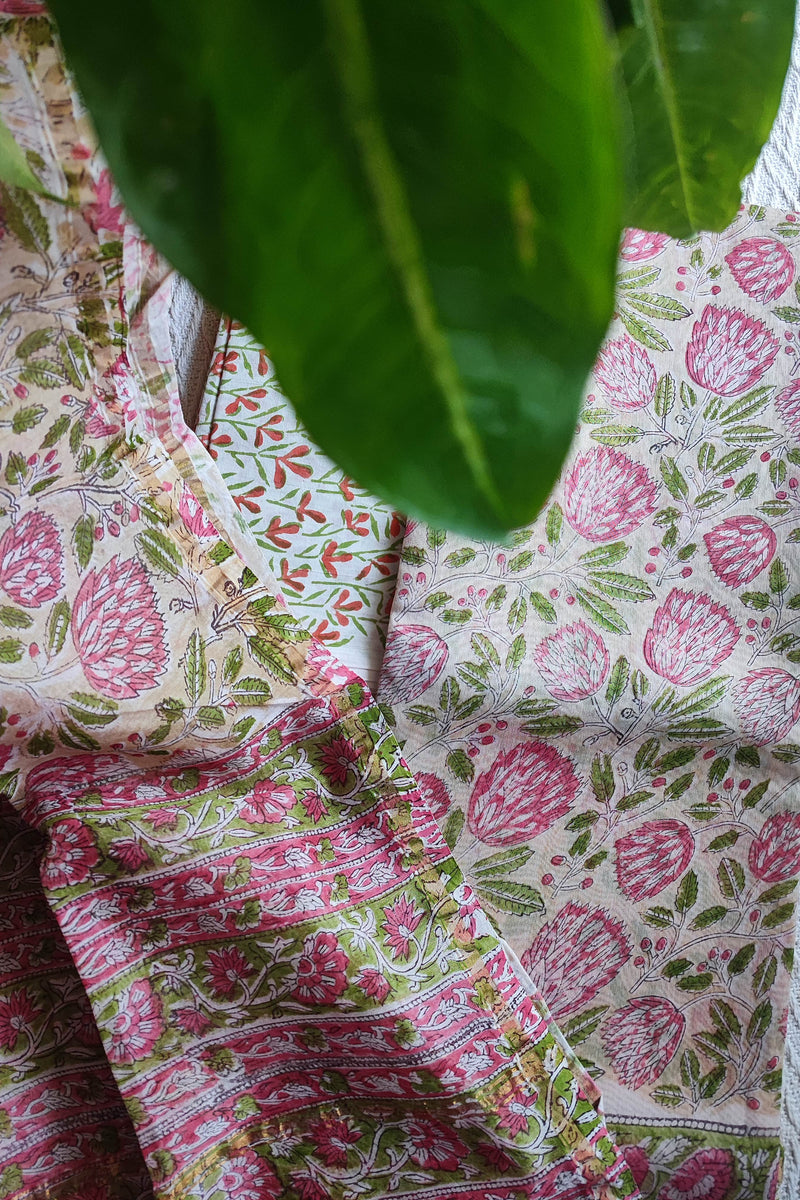 Pink & Green Floral Chanderi Silk Unstitched Suit with Chanderi Silk Dupatta & Cotton Bottom – Premium Printed Set