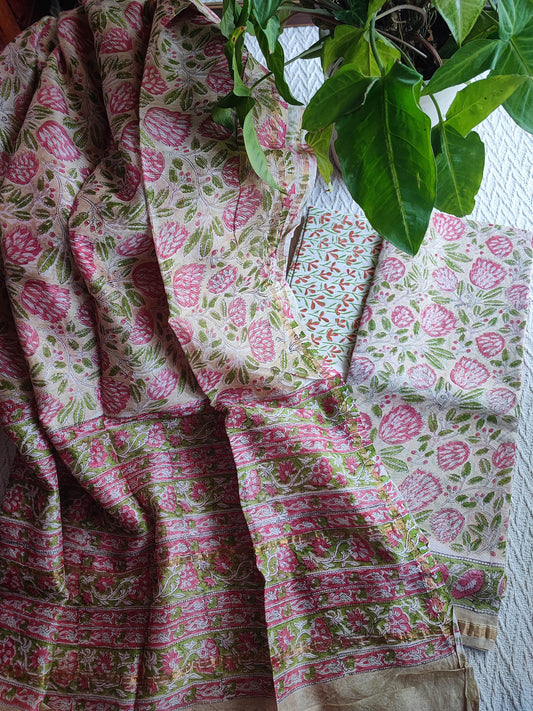 Pink & Green Floral Chanderi Silk Unstitched Suit with Chanderi Silk Dupatta & Cotton Bottom – Premium Printed Set