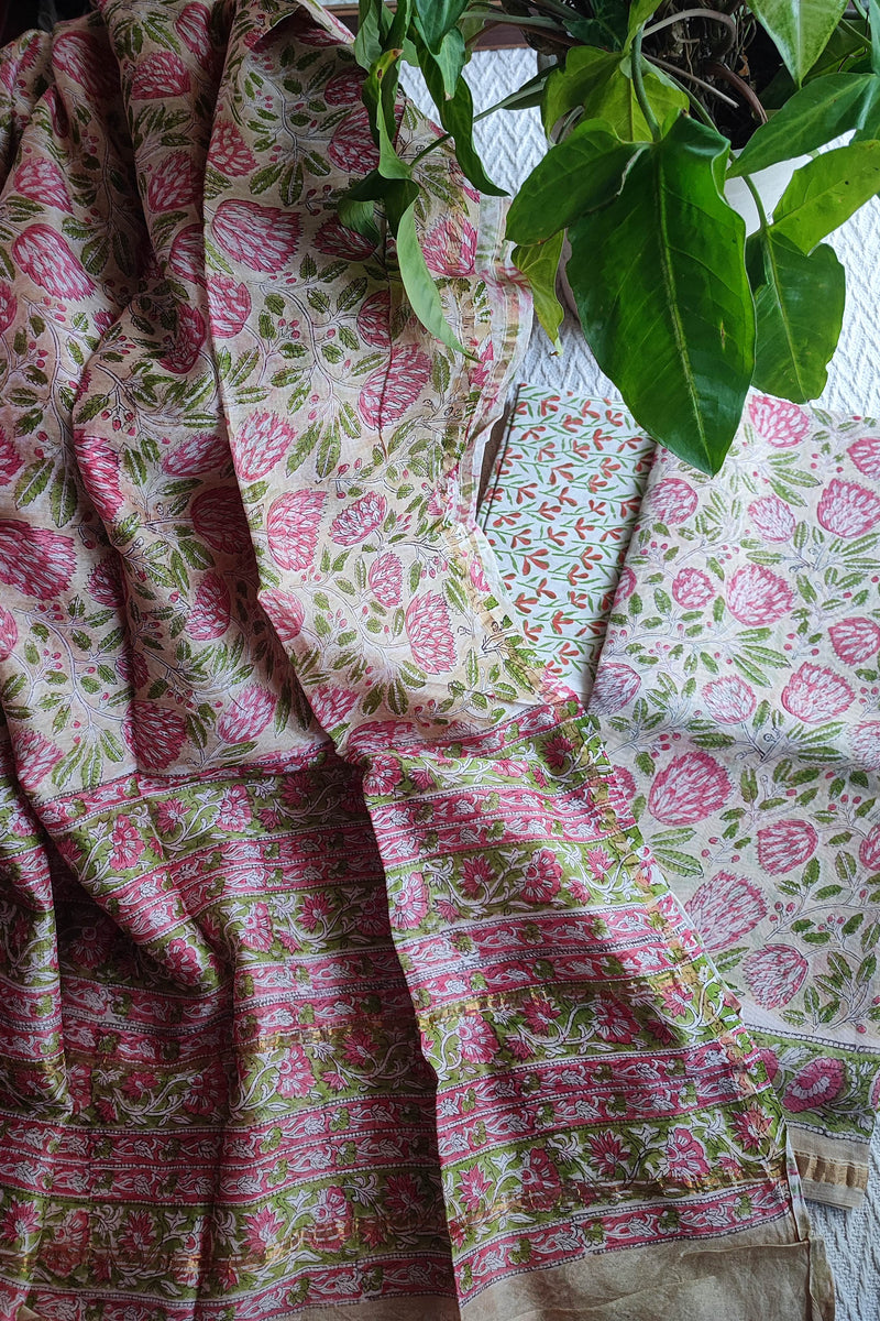 Pink & Green Floral Chanderi Silk Unstitched Suit with Chanderi Silk Dupatta & Cotton Bottom – Premium Printed Set