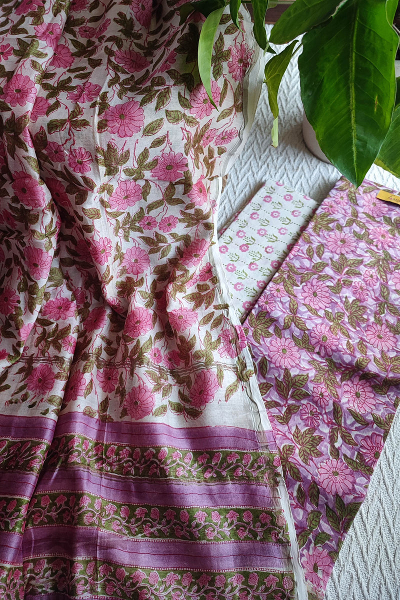 Pink Floral Chanderi Silk Unstitched Suit with Chanderi Silk Dupatta & Cotton Bottom – Elegant Printed Set