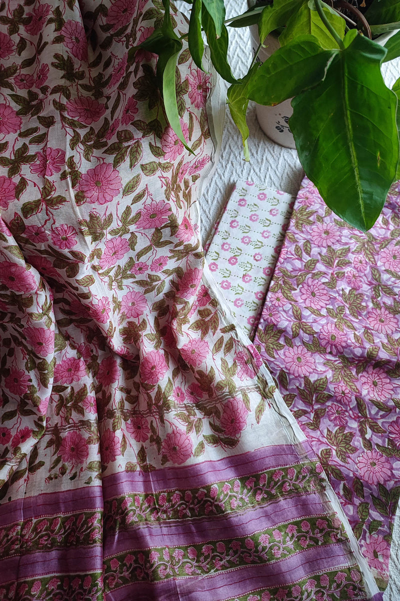 Pink Floral Chanderi Silk Unstitched Suit with Chanderi Silk Dupatta & Cotton Bottom – Elegant Printed Set