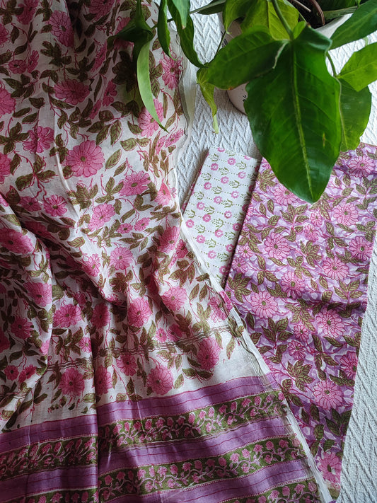 Pink Floral Chanderi Silk Unstitched Suit with Chanderi Silk Dupatta & Cotton Bottom – Elegant Printed Set