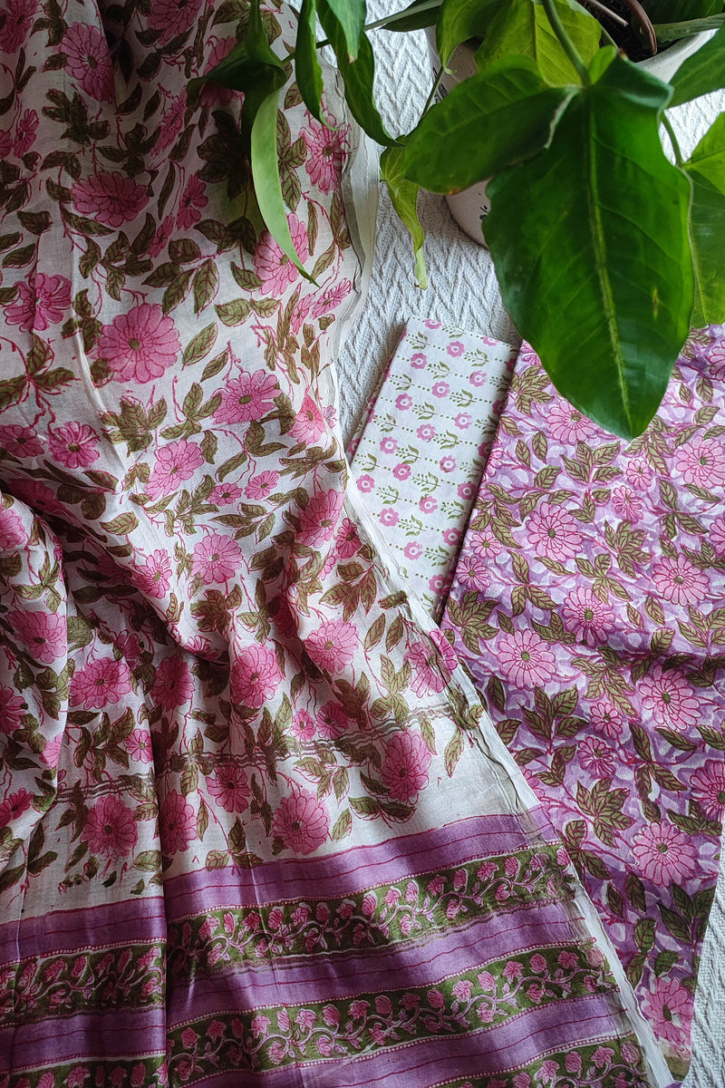 Pink Floral Chanderi Silk Unstitched Suit with Chanderi Silk Dupatta & Cotton Bottom – Elegant Printed Set