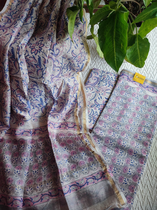 Pastel Floral Chanderi Silk Unstitched Suit with Chanderi Silk Dupatta & Cotton Bottom – Premium Printed Set